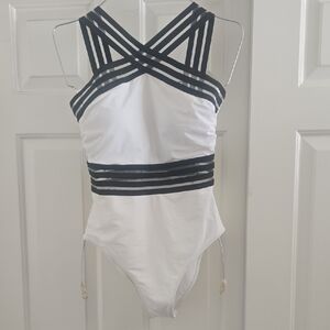 Elegant White and Black Striped Women's Swimsuit